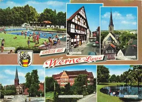 AK / Ansichtskarte  Werne__Lippe_Muenster_Westfalen Freibad Fachwerkhaus St Christophorus Kirche Steinstrasse St Christophorus Krankenhaus Gondelteich