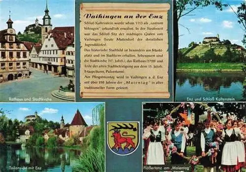 AK / Ansichtskarte  Vaihingen_Enz Rathaus Stadtkirche Enz und Schloss Kaltenstein Teilansicht Floessertanz am Maientag