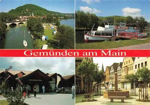 AK / Ansichtskarte  Gemuenden__Main Panorama Bootsanlegestelle Scherenberg Halle Brunnen