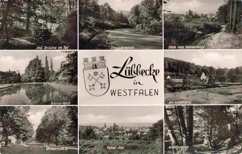 AK / Ansichtskarte  Luebbecke_Westfalen Alte Bruecke Bergstrasse Blick vom Maisenkopf Barre Teich Am Waldrand Wilhelmplatz Panorama Waldpartie