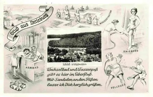 AK / Ansichtskarte  Berleburg_Bad_NRW Schloss Wittgenstein Karikatur Armbad Wassertreten Knieguss Vollguss