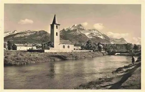 AK / Ansichtskarte  Sils_Baselgia_Engadin_Maloja_GR mit Kirche und Blick auf Piz della Margna