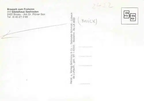 AK / Ansichtskarte  Bosau_Ostholstein am Gr Ploener See Braasch zum Frohsinn mit Gaestehaus Seefrieden Fliegeraufnahme