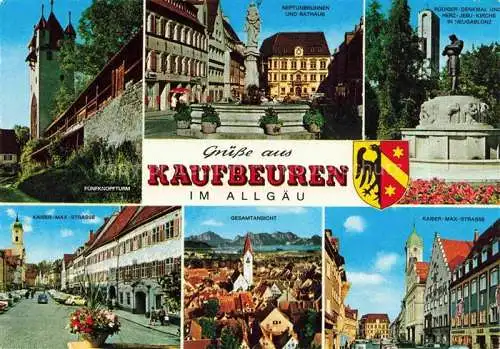 AK / Ansichtskarte  Kaufbeuren Fuenfknopfturm Neptunbrunnen Rathaus Ruediger Denkmal Kaiser Max Strasse Panorama 