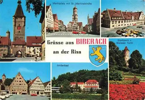 AK / Ansichtskarte  Biberach__Riss Stadttor Marktplatz St Martinskirche Rathaus Jordanbad Stadtpark und Weisser Turm