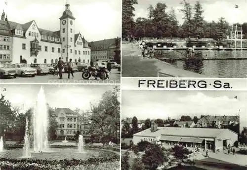 AK / Ansichtskarte  Freiberg__Sachsen Rathaus Johannisbad Scheringerpark Kaufhalle Wasserberg 