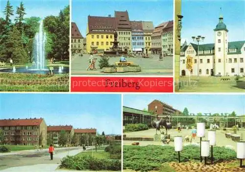 AK / Ansichtskarte  Freiberg__Sachsen Scheringerpark Brunnendenkmal am Obermarkt Rathaus Neubaugebiet am Wasserberg Versorgungszentrum Unicent