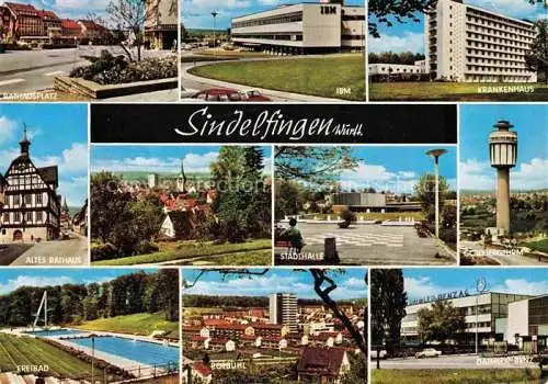 AK / Ansichtskarte  Sindelfingen Rathausplatz IBM Krankenhaus Altes Rathaus Stadthalle Goldbergturm Freibad Rotbuehl Daimler Benz