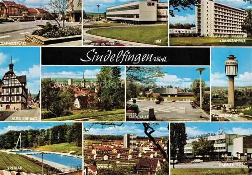 AK / Ansichtskarte  Sindelfingen Rathausplatz IBM Krankenhaus Altes Rathaus Stadthalle Freibad Rotbuehl Daimler Benz Goldbergturm