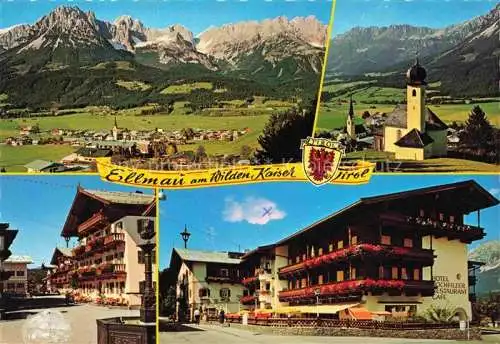 AK / Ansichtskarte  Ellmau_Elmau_Tirol_AT Panorama Kirche mit Wildem Kaiser Ortspartie Hotel Hochfilzer