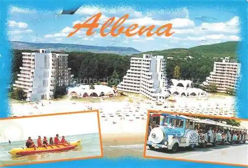 AK / Ansichtskarte  Albena_BG Strand Hotels Luftaufnahme Schlauchboot Touristenbahn