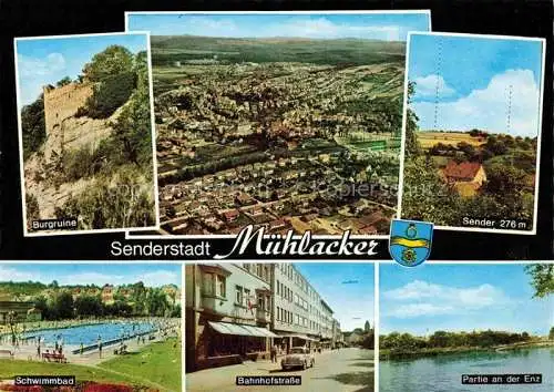 AK / Ansichtskarte  Muehlacker Panorama Senderstadt Luftaufnahme Burgruine Schwimmbad Bahnhofstrasse Partie an der Enz