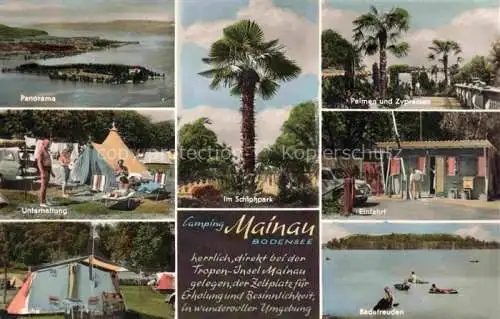 AK / Ansichtskarte  MAINAU_Insel_Meersburg_Bodensee_BW Luftaufnahme Campingplatz Palmen Zypressen Badefreuden Schlosspark