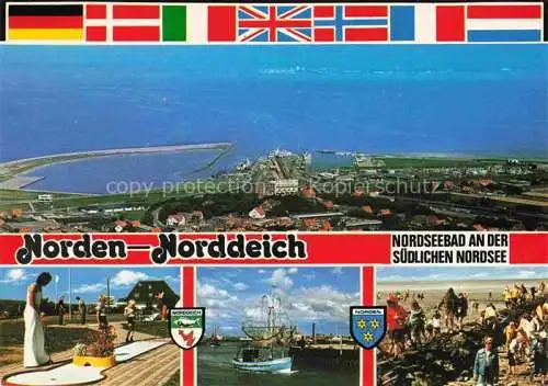 AK / Ansichtskarte  Norden__Norddeich_Nordseebad Fliegeraufnahme Minigolf Fischkutter Wattwanderung