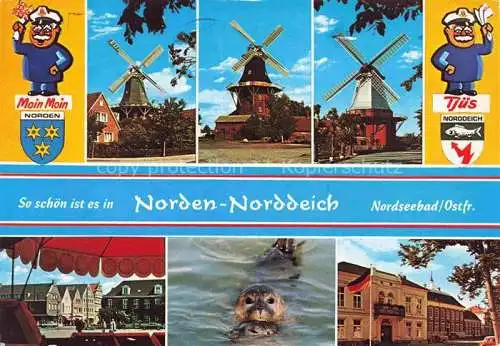 AK / Ansichtskarte  Norden__Norddeich_Nordseebad Windmuehlen Ortspartie Seehund Schloss