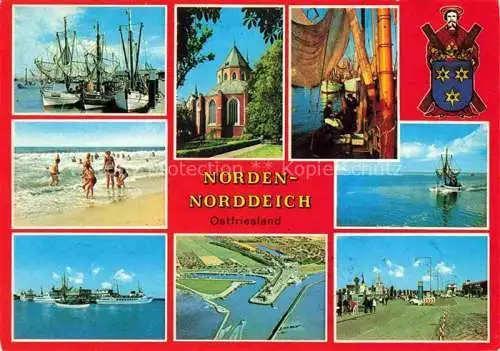 AK / Ansichtskarte  Norden__Norddeich_Nordseebad Kutterhafen Strand Kirche Schiffe Fliegeraufnahme Hafenpartie