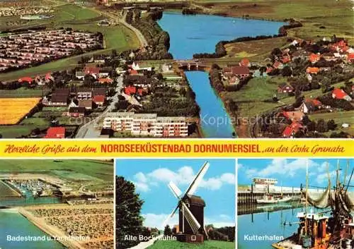 AK / Ansichtskarte  Dornumersiel Fliegeraufnahme Badestrand Yachthafen Alte Bockmuehle Kutterhafen