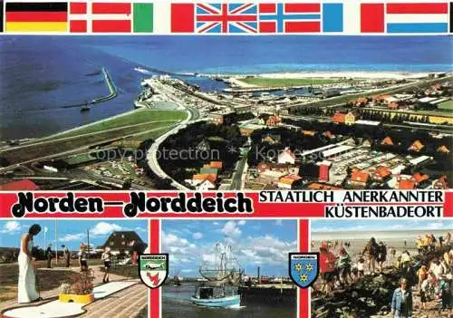 AK / Ansichtskarte  Norden__Norddeich_Nordseebad Fliegeraufnahme Minigolf Fischkutter Wattwandern