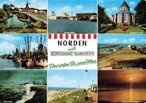 AK / Ansichtskarte  Norden__Norddeich_Nordseebad Muehlenbruecke Mole Ludgerikirche Fischereihafen Panorama Sturmflut Strand Abend am Meer