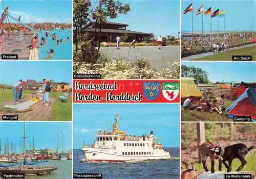 AK / Ansichtskarte  Norden__Norddeich_Nordseebad Freibad Minigolf Yachthafen Rollschuhbahn Passagierschiff Am Deich Camping Im Wellenpark