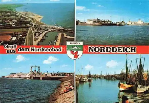 AK / Ansichtskarte  Norddeich__Norden_Nordseebad Fliegeraufnahme Faehrschiffe Hafenanlagen