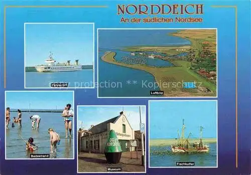 AK / Ansichtskarte  Norddeich__Norden_Nordseebad Faehrschiff Badestrand Museum Fliegeraufnahme Fischkutter