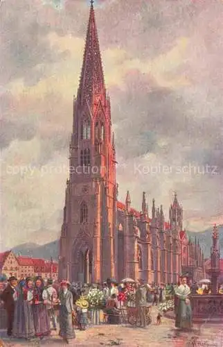 AK / Ansichtskarte  Hoffmann__Heinrich_Kuenstlerkarte_Sueddeutschland_Alsace Freiburg i. Br. Muenster und Marktplatz