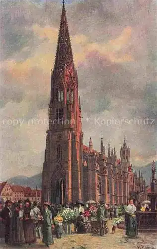 AK / Ansichtskarte  Hoffmann__Heinrich_Kuenstlerkarte_Sueddeutschland_Alsace Freiburg i. Br. Muenster und Marktplatz