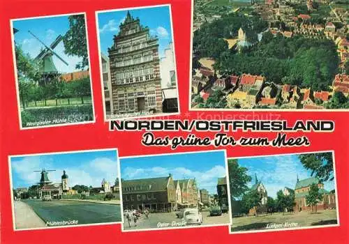 AK / Ansichtskarte  Norden__Norddeich_Nordseebad Westgaster Muehle Schoeningsches Haus Fliegeraufnahme Muehlenbruecke Osterstrasse Ludgerikirche