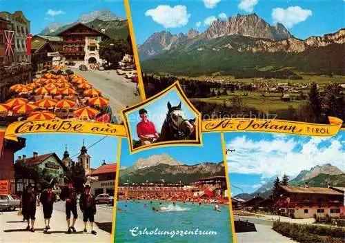 AK / Ansichtskarte  St_Johann_Tirol_AT Hauptplatz Wilder Kaiser Tiroler Trachten Alpenbad Tiroler Bauernhaeuser Freibad