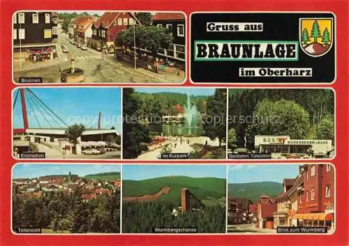 AK / Ansichtskarte  Braunlage Brunnen Eisstadion Im Kurpark Seilbahn Talstation Teilansicht Wurmbergschanze Ortspartie