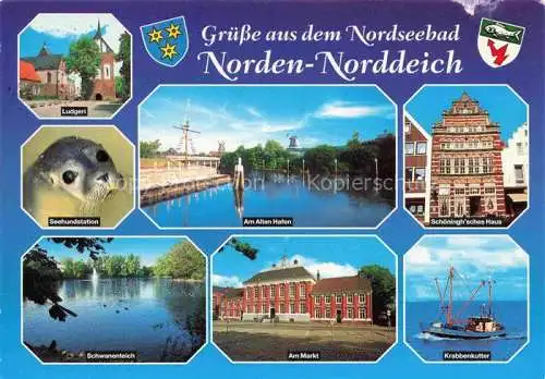 AK / Ansichtskarte  Norden__Norddeich_Nordseebad Ludgeri Kirche Seehund Alter Hafen Schoeningsches Haus Schwanenteich Am Markt Krabbenkutter