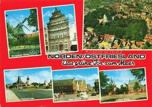 AK / Ansichtskarte  Norden__Norddeich_Nordseebad Westgaster Muehle Schoeningsches Haus Fliegeraufnahme Muehlenbruecke Oster Strasse Ludgeri Kirche