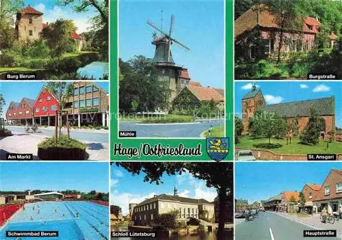 AK / Ansichtskarte  Hage_Ostfriesland Burg Berum Markt Schwimmbad Muehle Burgstrasse St Ansgari Hauptstrasse