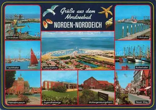 AK / Ansichtskarte  Norden__Norddeich_Nordseebad Strandbad Yachthafen Fliegeraufnahme Faehrhafen Kutterhafen Heimatmuseum Jugendherberge Muettergenesungsheim Neuer Weg