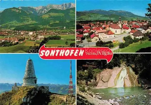 AK / Ansichtskarte  Sonthofen__Oberallgaeu Panorama Stadtansicht mit Kirche Denkmal Wasserfall