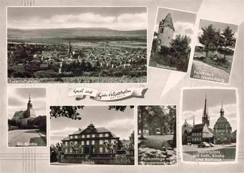 AK / Ansichtskarte  Gau-Algesheim Panorama Graulturm Feldkreuz Westerberg Kirche Schule Parkanlage Kriegerdenkmal Marktplatz Rathaus