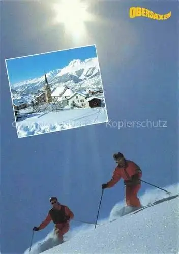 AK / Ansichtskarte  Obersaxen_Surselva_GR Winterpanorama Skigebiet Tiefschneefahren Ansicht mit Kirche