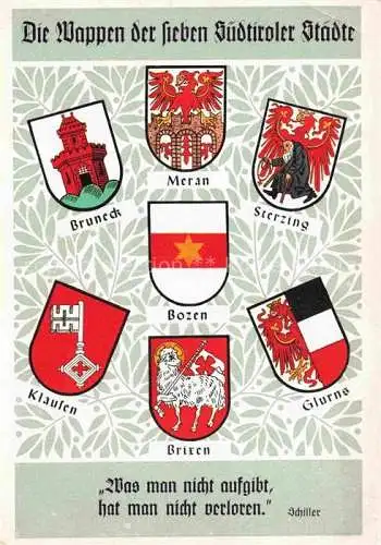 AK / Ansichtskarte  Bozen_BOLZANO_Suedtirol_IT Wappen der 7 Suedtiroler Staedte Werbekarte Andreas Hofer Bund Innsbruck Poesie Schiller