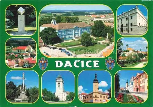 AK / Ansichtskarte  Dacice_Datschitz_CZ Zamek Pamatnik Pripomnajici vyrobeni prvni Klaster Mariansky Sloup Kostel sv Vavrince Stara Radnice Horni cast namesti Stary Zamek