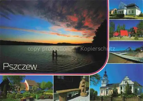 AK / Ansichtskarte  Pszczew_Miedzyrzecz_PL Panorama Teilansichten Strand Bungalows Kirche Skulptur