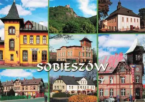 AK / Ansichtskarte  Sobieszow_Kynast_PL Dworzec kolejowy Zamek Chojnik Kosciol Najswietszego Serca Pana Jezusa Domy Poczta przy ul Chopins