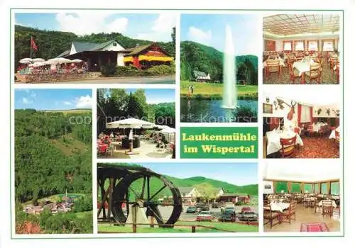 AK / Ansichtskarte  Lorchhausen_Lorch_Rheingau_Hessen Laukenmuehle im Wispertal Speiserestaurant und Cafe Gastraeume Fontaene Wasserrad Panorama