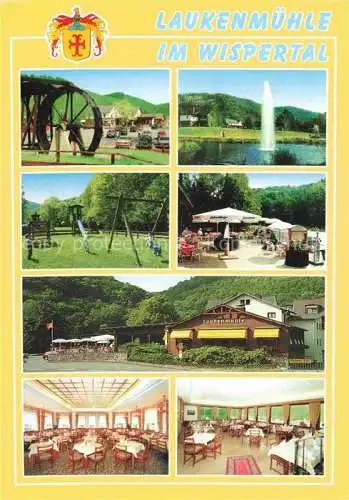 AK / Ansichtskarte  Lorchhausen_Lorch_Rheingau_Hessen Laukenmuehle im Wispertal Speiserestaurant und Cafe Gastraeume Wasserrad Fontaene Spielplatz Park