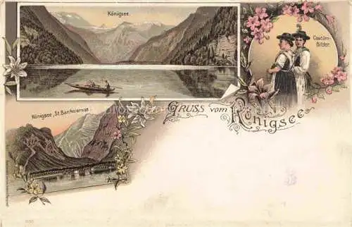 AK / Ansichtskarte  KoeNIGSEE_Berchtesgaden Panorama St. Bartholomae Kostuembilder Trachten Litho