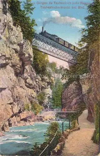 AK / Ansichtskarte Bienne_BIEL BIENNE Les Gorges du Taubenloch Taubenlochschlucht Eisenbahnbruecke Dampflokomotive 