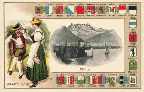 AK / Ansichtskarte CHILLON_Chateau_de_Montreux_VD Panorama Genfer See Alpen Schloss Trachten Wappen