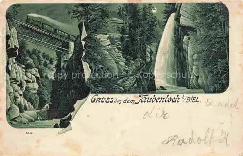 AK / Ansichtskarte Taubenloch_Biel_Bienne_BE Schlucht Wasserfall Eisenbahnbruecke Dampflokomotive 