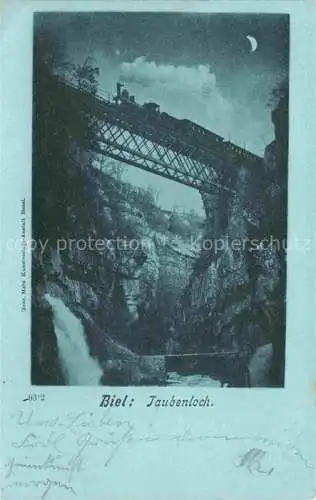 AK / Ansichtskarte Taubenlochschlucht_Biel BIENNE_BE Eisenbahnbruecke Dampflokomotive im Mondschein 