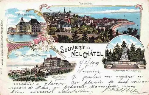 AK / Ansichtskarte Neuchatel_NE Vue generale Hotels Alpes Monument de la Republique Litho Neuchatel NE